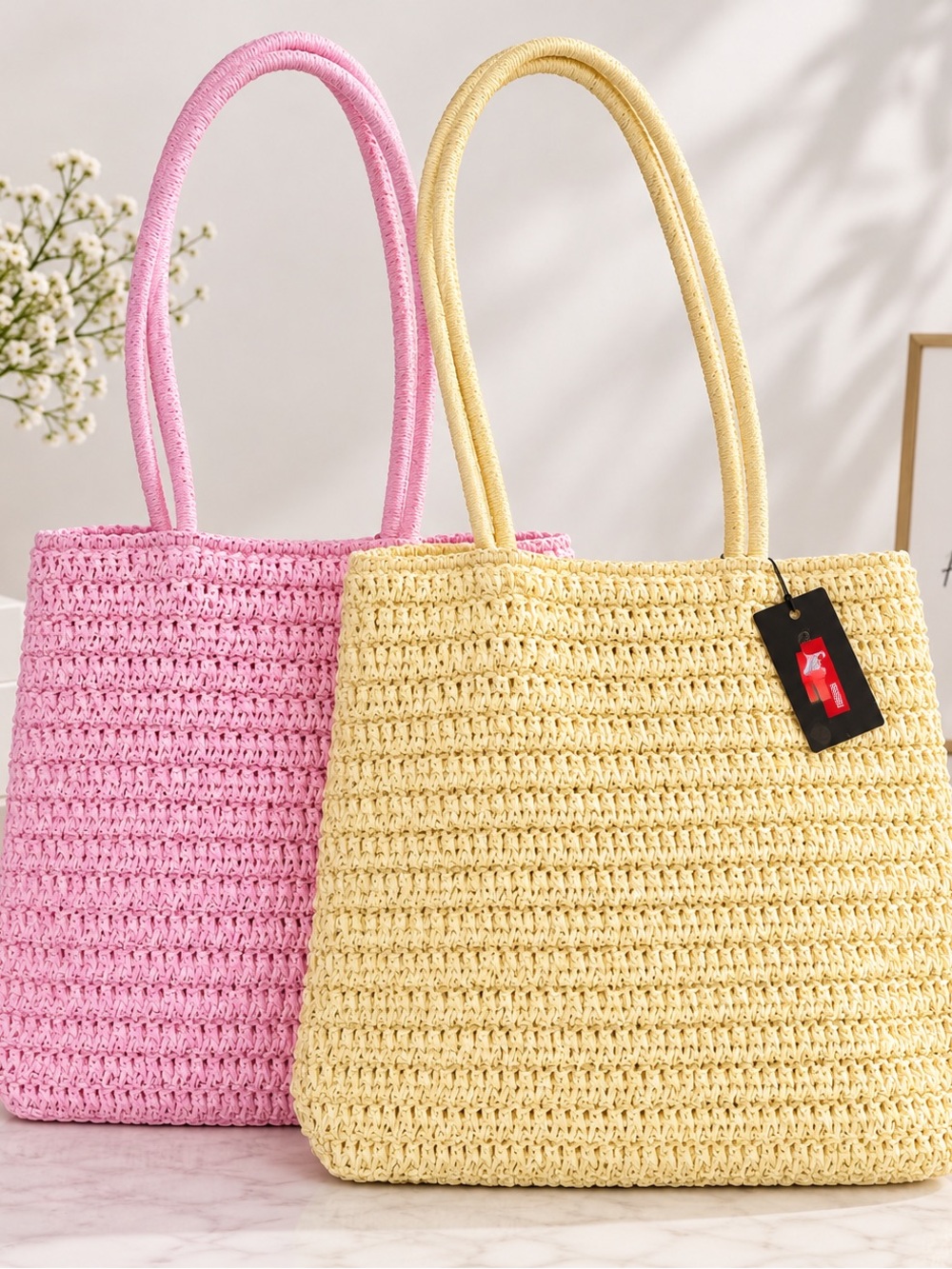 Woven Straw Tote Bag - Pink OR Yellow-New